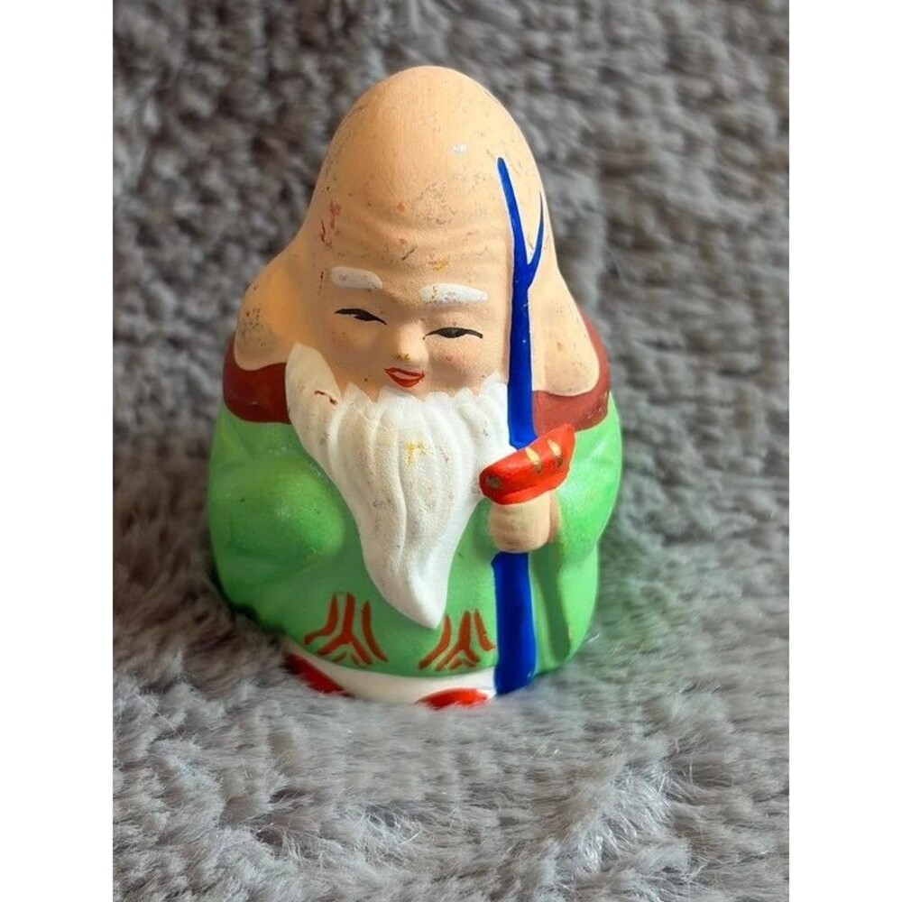 Japanese Clay Figurine Fukurokuju Hand Painted Doll longevity, happiness